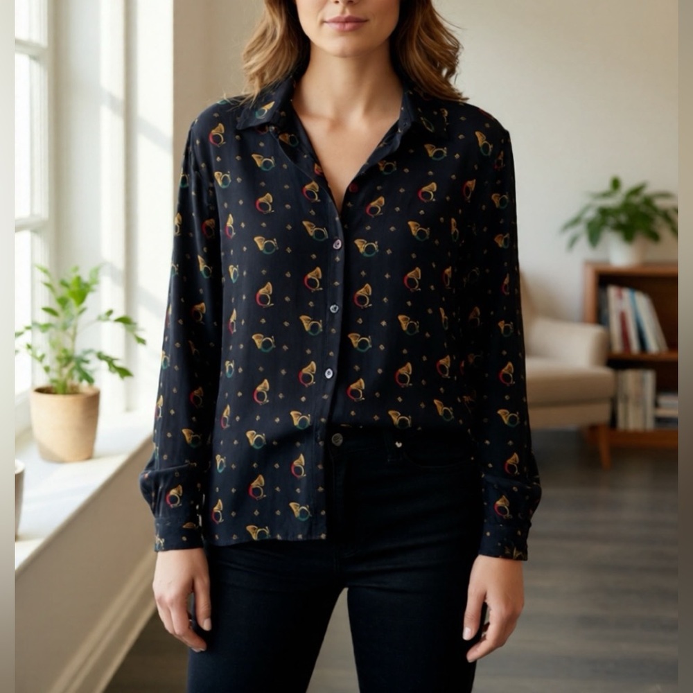 Vintage Multicolor horns Patterned Women's navy blue Button Down Shirt